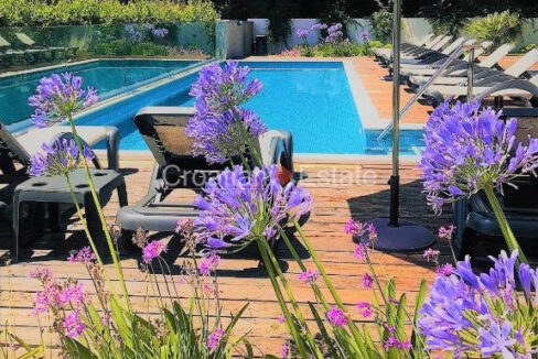 11 modern rooms for sale in Znjan, Split, Croatia, with a terrace with a pool, sun loungers, and plants including flowers.